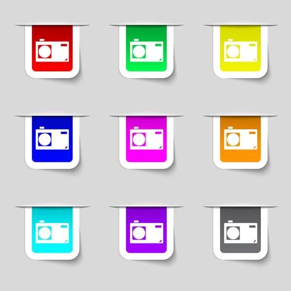 Photo camera sign icon. Digital symbol. Set colourful buttons. Vector — Stock Vector