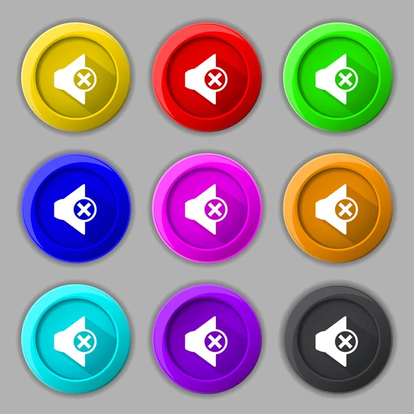 Mute speaker sign icon. Sound symbol. Set of colourful buttons. Vector — Stock Vector