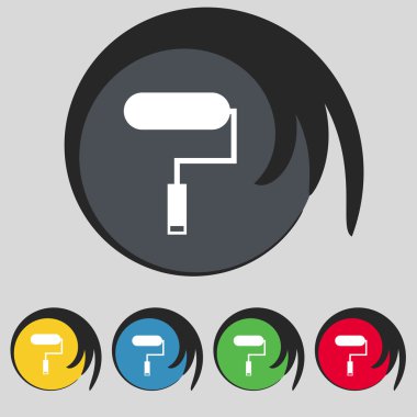 Boya silindiri işareti simgesi. Boyama aracı simgesi. Renkli düğmeler kümesi. Vektör