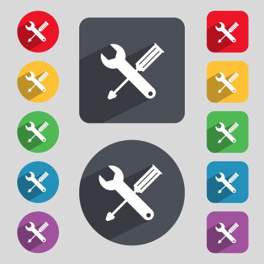 Onarım aracı işareti simgesi. Hizmet sembolü. tornavida anahtarı ile. Renkli düğmeler kümesi. Vektör