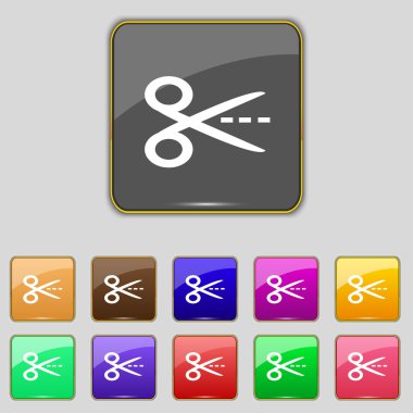 Makas ile kesme çizgi noktalı çizgi işareti simgesi. Terzi sembolü. Renkli düğmeler kümesi. Vektör