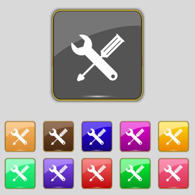 Onarım aracı işareti simgesi. Hizmet sembolü. tornavida anahtarı ile. Renkli düğmeler kümesi. Vektör