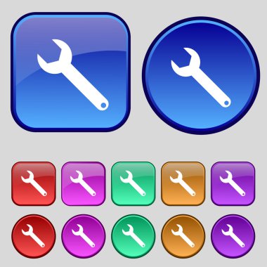 İngiliz anahtarı anahtar işareti simgesi. Hizmet aracı simgesi. Renkli düğmeler kümesi. Vektör