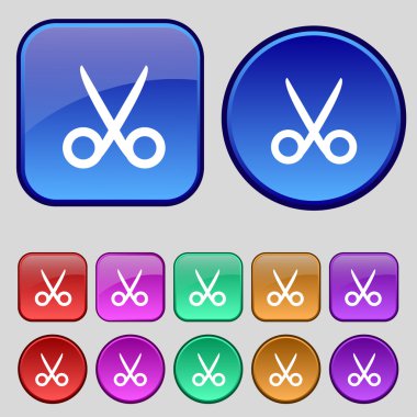 Makas Kuaför işareti simgesi. Terzi sembolü. Renkli düğmeler kümesi. Vektör