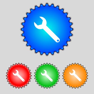 İngiliz anahtarı anahtar işareti simgesi. Hizmet aracı simgesi. Renkli düğmeler kümesi. Vektör