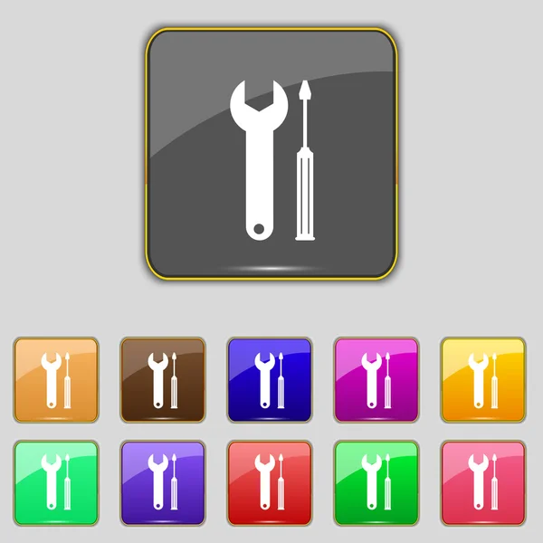 Reparation verktyg tecken ikon. Service-symbol. skruvmejsel med skiftnyckel. Set med färgade knapparna. Vektor — Stock vektor