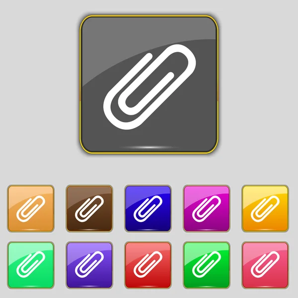 Signo de clip de papel icono. Símbolo de clip. Conjunto de botones de colores. Vector — Archivo Imágenes Vectoriales