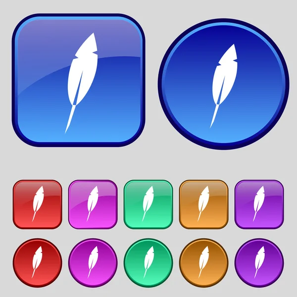 Signo de pluma icono. Símbolo de pluma retro. Conjunto de botones de colores Vector — Archivo Imágenes Vectoriales