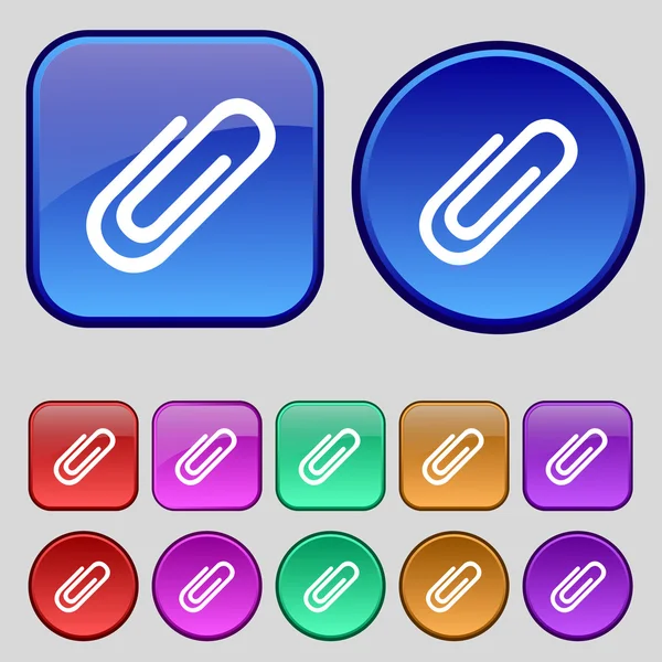 Signo de clip de papel icono. Símbolo de clip. Conjunto de botones de colores. Vector — Archivo Imágenes Vectoriales