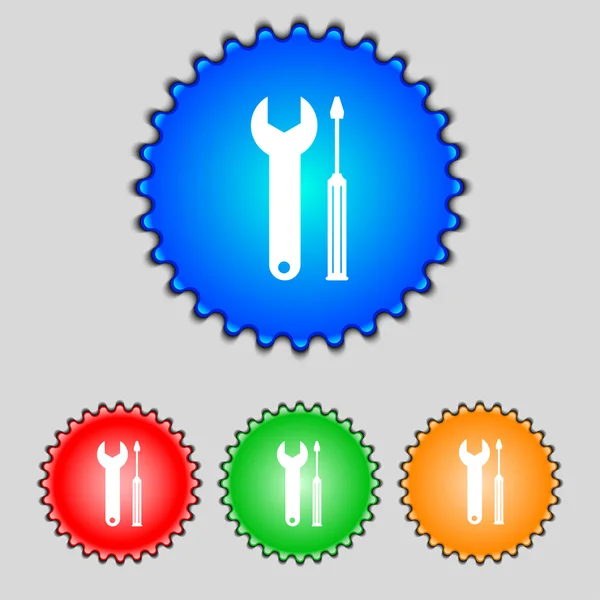 Repair tool sign icon. Service symbol. screwdriver with wrench. Set of colored buttons. Vector — Stock Vector