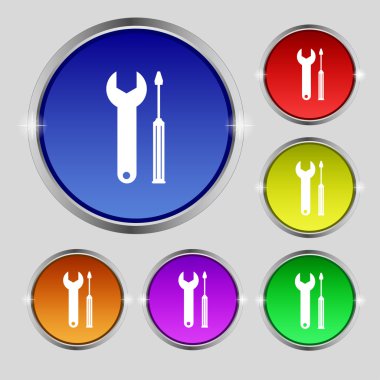 Onarım aracı işareti simgesi. Hizmet sembolü. tornavida anahtarı ile. Renkli düğmeler kümesi. Vektör