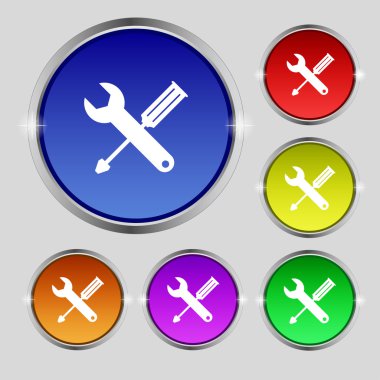 Onarım aracı işareti simgesi. Hizmet sembolü. tornavida anahtarı ile. Renkli düğmeler kümesi. Vektör