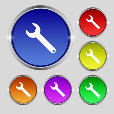 İngiliz anahtarı anahtar işareti simgesi. Hizmet aracı simgesi. Renkli düğmeler kümesi. Vektör
