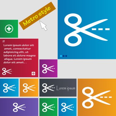 Makas ile kesme çizgi noktalı çizgi işareti simgesi. Terzi sembolü. Renkli düğmeler kümesi. Vektör