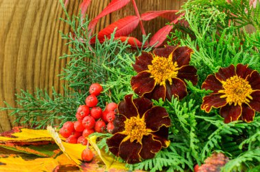 Ahşap arka planda güzel sonbahar kompozisyonu