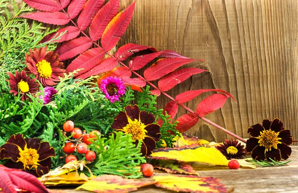 Piękna jesienna kompozycja na drewnianym tle — Zdjęcie stockowe