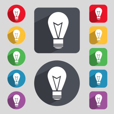 Işık lamba işareti simgesi. Fikir sembolü. Işık üzerinde. Renkli düğmeler kümesi. Vektör