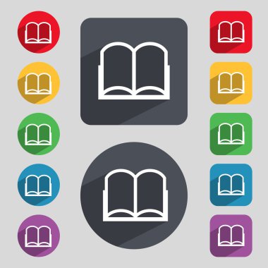 Kitap işareti simgesi. Açık kitap simgesi. Renkli düğmeler kümesi. Vektör
