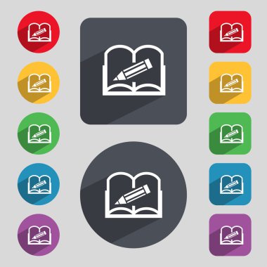 Kitap işareti simgesi. Açık kitap simgesi. Renkli düğmeler kümesi. Vektör