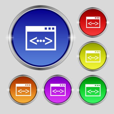 Kod işareti simgesi. Programcı sembolü. Renkli düğmeler kümesi. Vektör
