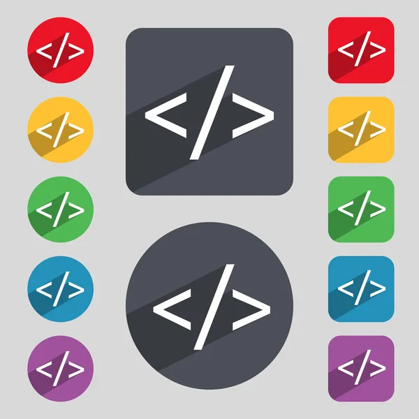 Code teken pictogram. Programmering taal symbool. Set van gekleurde knoppen. Vector — Stockvector