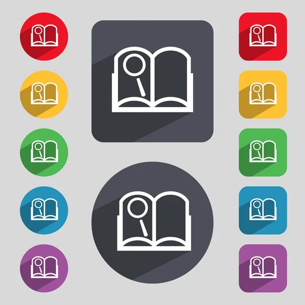 Icono de signo de libro. Símbolo de libro abierto. Conjunto de botones de colores. Vector — Vector de stock