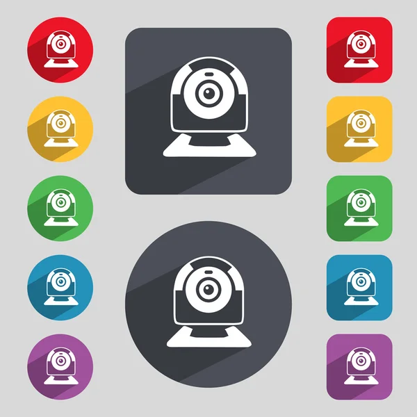 Webcam sign icon. Web video chat symbol. Camera chat. Set of colored buttons. Vector — Stock Vector