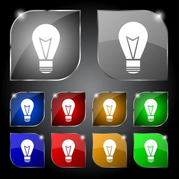 Ícone de sinal da lâmpada de luz. Símbolo da ideia. Ligado. Conjunto de botões coloridos. Vetor — Vetor de Stock