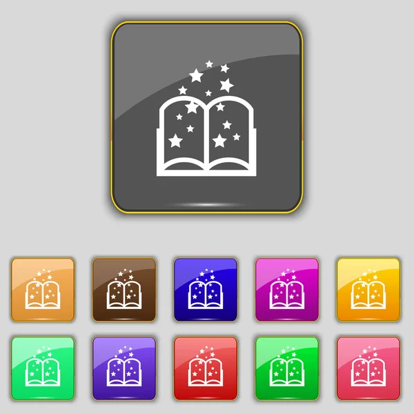 Signo de libro mágico icono. Símbolo de libro abierto. Conjunto de botones de colores. Vector — Archivo Imágenes Vectoriales