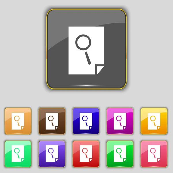 Buscar en el icono de signo de archivo. Encuentra el símbolo del documento. Conjunto de botones de colores. Vector — Archivo Imágenes Vectoriales