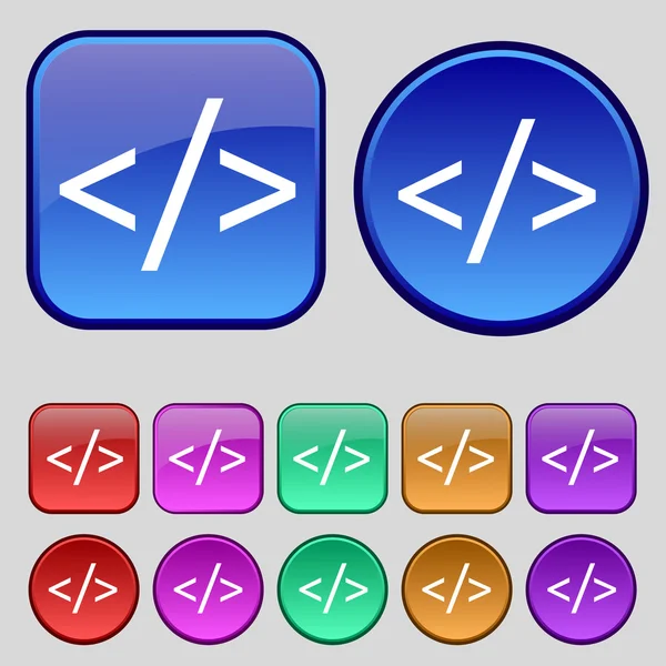 Codezeichensymbol. Programmiersprache-Symbol. Satz farbiger Knöpfe. Vektor — Stockvektor