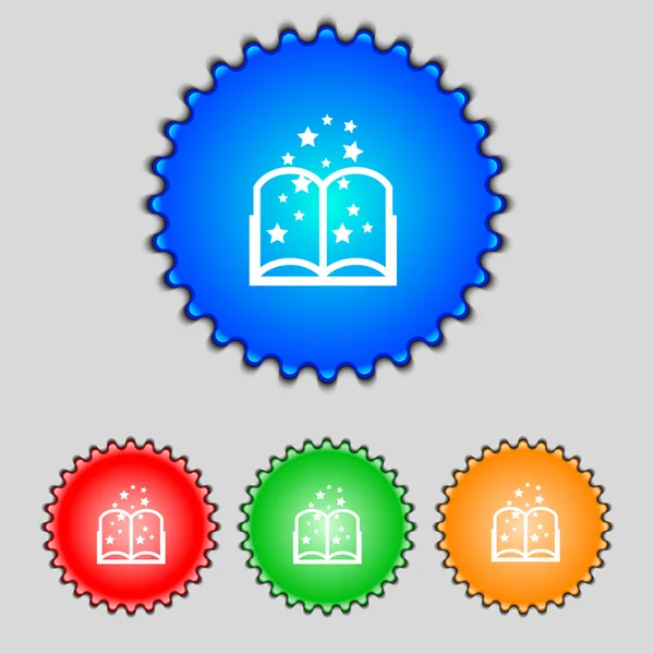 Signo de libro mágico icono. Símbolo de libro abierto. Conjunto de botones de colores. Vector — Archivo Imágenes Vectoriales