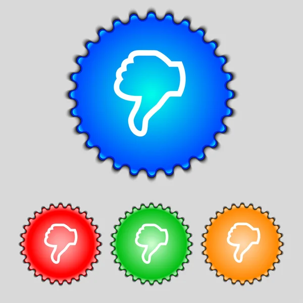 Dislike sign icon. Thumb down. Hand finger down symbol. Set of colored buttons. Vector — Stock Vector
