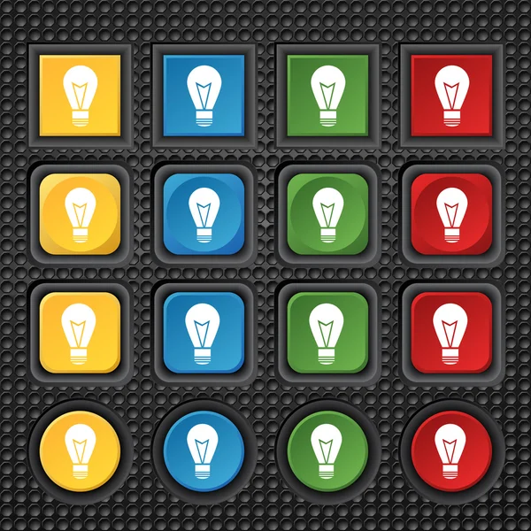 Ícone de sinal da lâmpada de luz. Símbolo da ideia. Ligado. Conjunto de botões coloridos. Vetor — Vetor de Stock