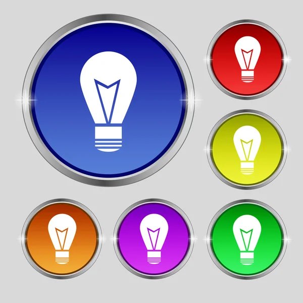 Lampe lumineuse signe icône. Symbole d'idée. Allumez la lumière. Ensemble de boutons colorés. Vecteur — Image vectorielle