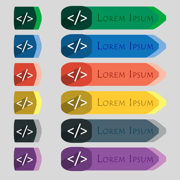 Icône de signe de code. Symbole langage de programmation. Ensemble de boutons colorés. Vecteur — Image vectorielle