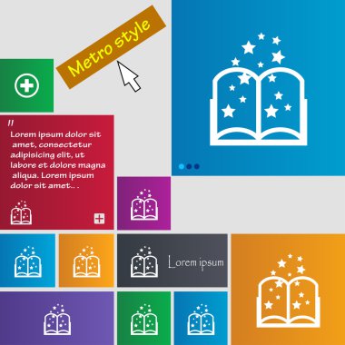 Sihirli kitap işareti simgesi. Açık kitap simgesi. Renkli düğmeler kümesi. Vektör