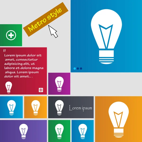 Ícone de sinal da lâmpada de luz. Símbolo da ideia. Ligado. Conjunto de botões coloridos. Vetor — Vetor de Stock