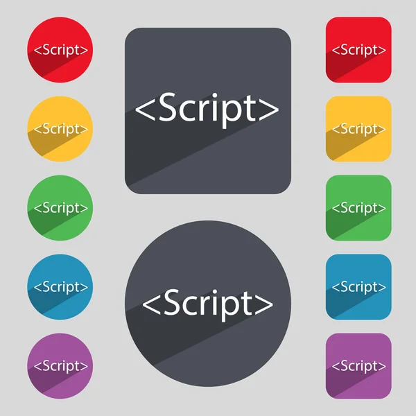 Ícone de sinal de script. Símbolo de código Javascript. Conjunto de botões coloridos. Vetor — Vetor de Stock