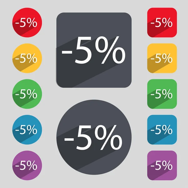 5 % kedvezmény aláírás ikonra. Eladó szimbólum. Különleges ajánlat-címke. A színes gombok vektor készlet — Stock Vector