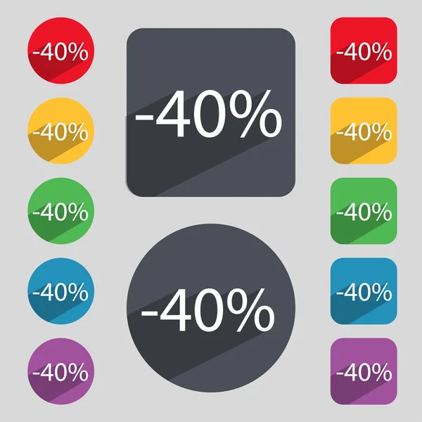 40 procent korting teken pictogram. Verkoop symbool. Speciale aanbieding-label. Aantal gekleurde knoppen Vector — Stockvector