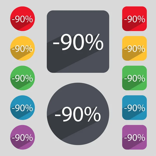 90 percent discount sign icon. Sale symbol. Special offer label. Set of colored buttons Vector — Stock Vector