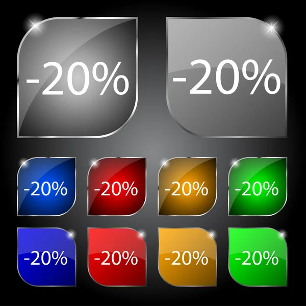 20 Prozent Rabattschild-Symbol. Verkaufssymbol. Sonderangebotsetikett. Set von farbigen Schaltflächen Vektor — Stockvektor