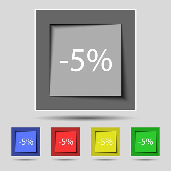 5 Prozent Rabatt Zeichen Symbol. Verkaufssymbol. Sonderangebotsetikett. Set von farbigen Schaltflächen Vektor — Stockvektor