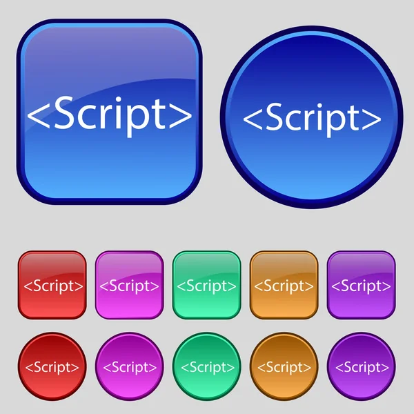 Script teken pictogram. JavaScript code symbool. Set van gekleurde knoppen. Vector — Stockvector