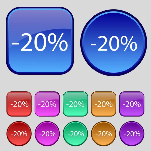 20 Prozent Rabattschild-Symbol. Verkaufssymbol. Sonderangebotsetikett. Set von farbigen Schaltflächen Vektor — Stockvektor