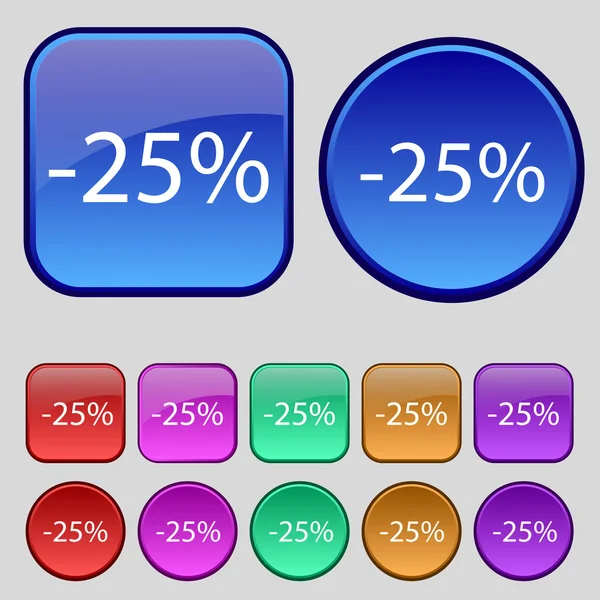 25 Prozent Rabatt-Zeichen-Symbol. Verkaufssymbol. Sonderangebotsetikett. Set von farbigen Schaltflächen Vektor — Stockvektor