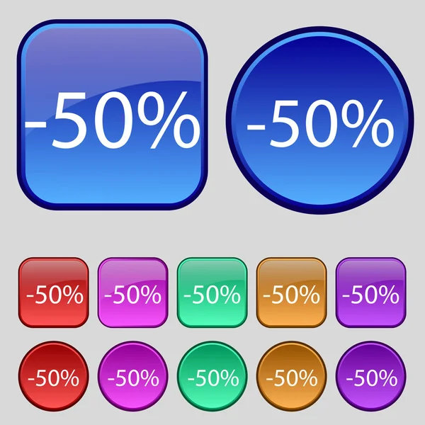 50 Prozent Rabatt-Zeichen-Symbol. Verkaufssymbol. Sonderangebotsetikett. Set von farbigen Schaltflächen Vektor — Stockvektor