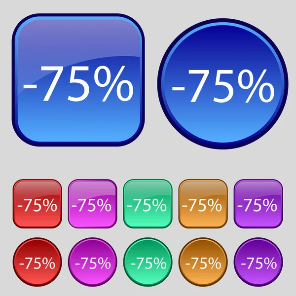 75 pour cent icône de signe de réduction. Le symbole de vente. Label d'offre spéciale. Ensemble de boutons colorés Vecteur — Image vectorielle