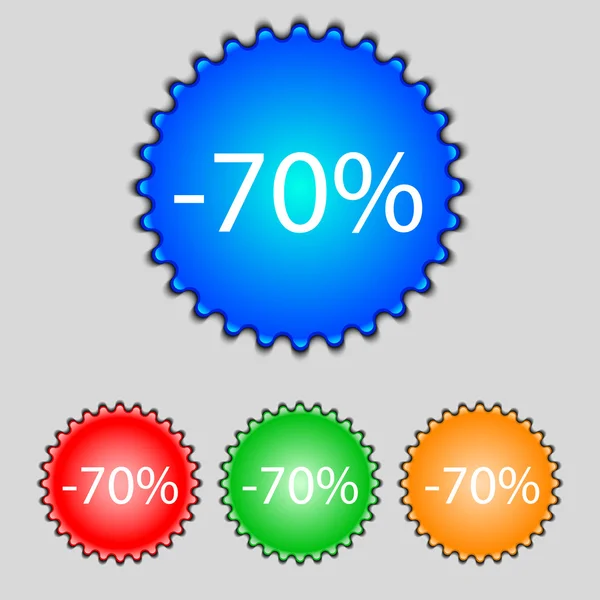 70 Prozent Rabattschild-Symbol. Verkaufssymbol. Sonderangebotsetikett. Set von farbigen Schaltflächen Vektor — Stockvektor